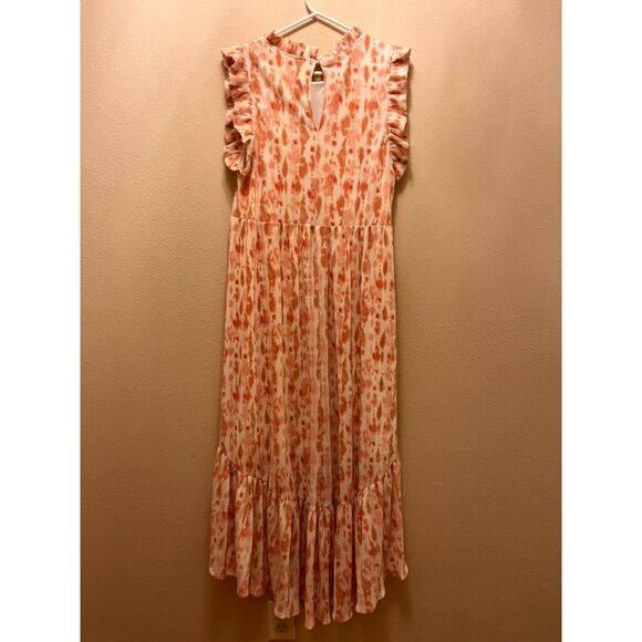 Karlie flutter sleeve high low micro pleated maxi dress - Peach/Pink Ikat - M - Picture 3 of 3